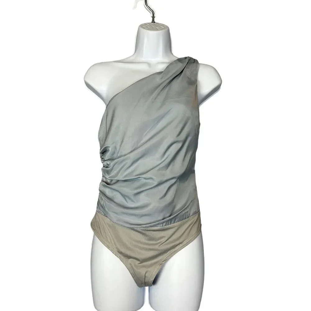 NBD Dusty Blue One Shoulder Ruched Top Bodysuit SMALL Satin Party Designer $128 - Picture 5 of 10